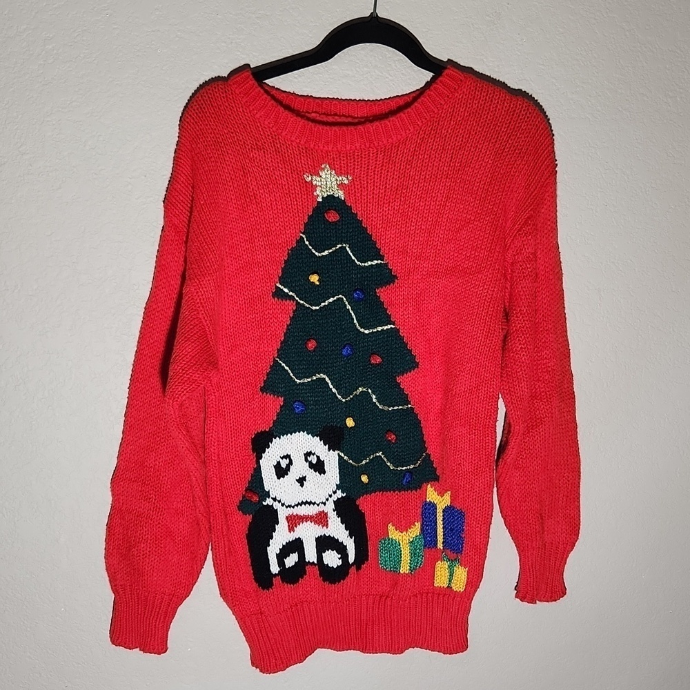 Vintage Ugly Christmas Sweater Panda Bear Presents Medium Red